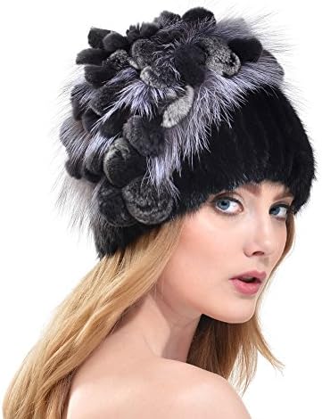 Vemolla Women Real Knitted Mink Fur Hat Cap with Looped Top Black