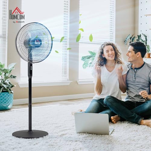 HOMCOM 16" Pedestal Fan with Remote, LED Control Panel, Tilted Head, Black | Standing Floor Fan with Height Adjustable, Timer, Oscillating, Bedroom