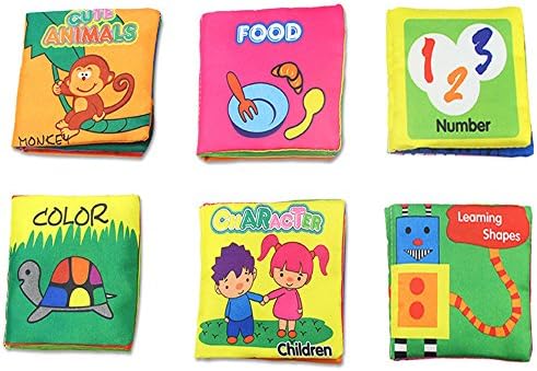 Set of 6 Baby Soft Cloth Books Nontoxic for 0-3 Years Old Babies, Intellegence Development Learning Shapes Number Cute Animals Color Character Food Fabric Book Quiet Rag Book