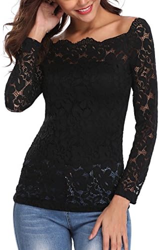 Wudodo Sexy Off Shoulder Lace Strapless Tops for Women Floral Lace Patchwork Long Sleeve Twin Set Blouse