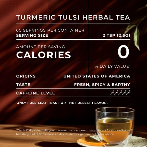 GYA TEA CO LOOSE LEAF TURMERIC TULSI HERBAL TEA – ZERO CALORIES CAFFEINE-FREE TURMERIC TEA – 100% NATURAL LOOSE LEAF TEA WITH NO ARTIFICIAL INGREDIENTS – PURE SUGAR-FREE (5.29 OZ)