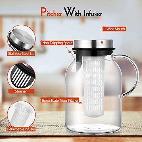 Glass Water Pitcher, Fruit Infuser Pitcher with Removable Lid, High