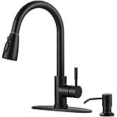 WOWOW Black Kitchen Faucet with Soap Dispenser, Stainless Steel Kitchen Sink Faucet, Matte Black Kitchen Faucet Single Handle High Arc Utility Sink Faucet for Sink, RV, Laundry, Bar