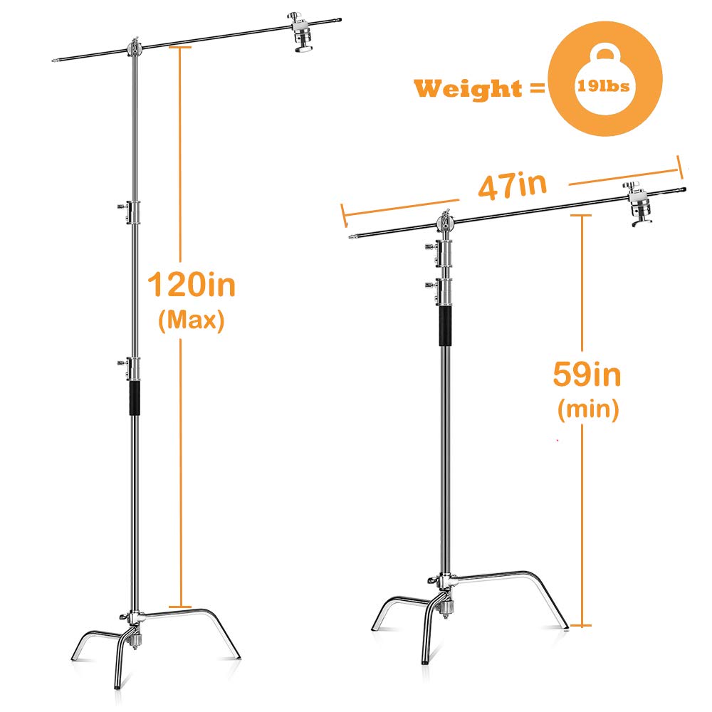 ShowMaven 10ft (Century) Light Stand C-Stand on Turtle Base with 4ft Extension Boom Arm & 2 Pieces Grip Head for Photography Studio Video Reflector, Monolight and Backdrops