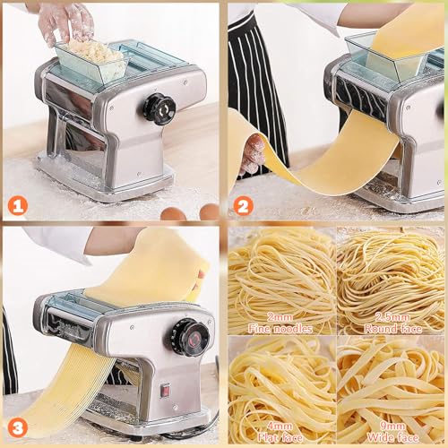 DOMINFLY Electric Pasta Maker, Automatic Noodle Machine Fresh Pasta Dough Roller Stainless Steel, 9 Thickness Settings, Perfect for Spaghetti,Fettuccini,Lasagna (Four knives)