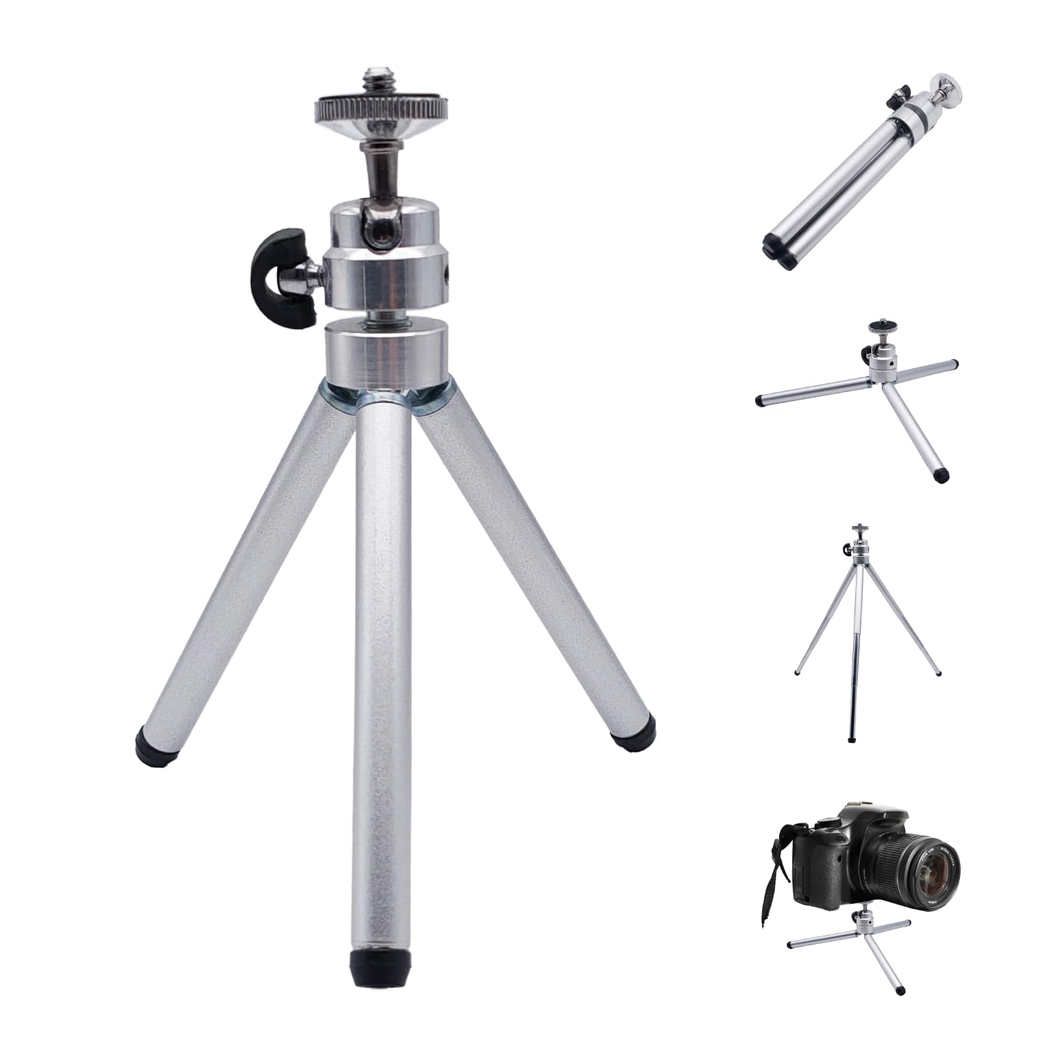 BullTek - Mini Tripod Table Stand | 3 Adjustable Heights (7/14/26 cm) | 360° Ball Head | 1/4" Screw for DSLR, Mirrorless, Smartphones | Portable & Foldable, Silver, Metal