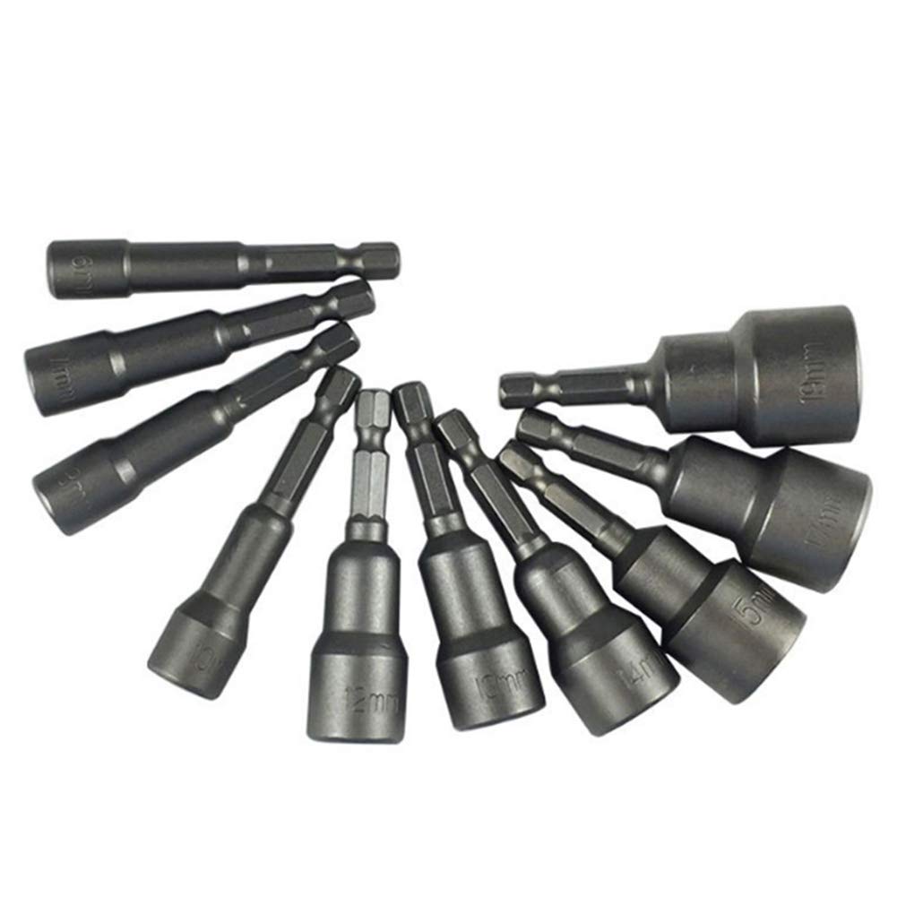 Metric 1/4 Inch Shank Magnetic Socket Spanner Set Nuts Magnetic Bit Adapter 6 mm - 19 mm Socket Adapter Hexagon Drill Bit Socket Adapter Pack of 10