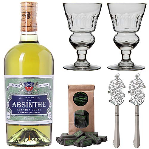 Absinth Set ALANDIA Verte | Grüner Absinth mit traditionellem 19. Jh. Rezept | 2x Absinth Gläser 2x Absinth Löffel 1x…