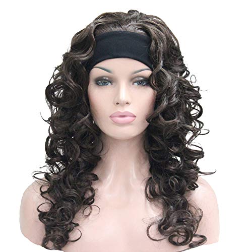 Wiginway Women Wigs Long Curly with Headband Dark Brown Wig Heat Resistant Full Synthetic Natural Big Curly Wigs 18 inch