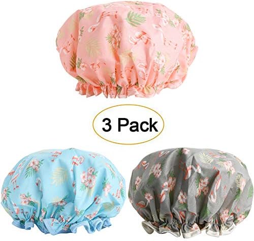 Shower Caps, 3 PACK Bath Cap for Women Waterproof & Adjustable Double Layered Shower Cap (Multi-colored9)