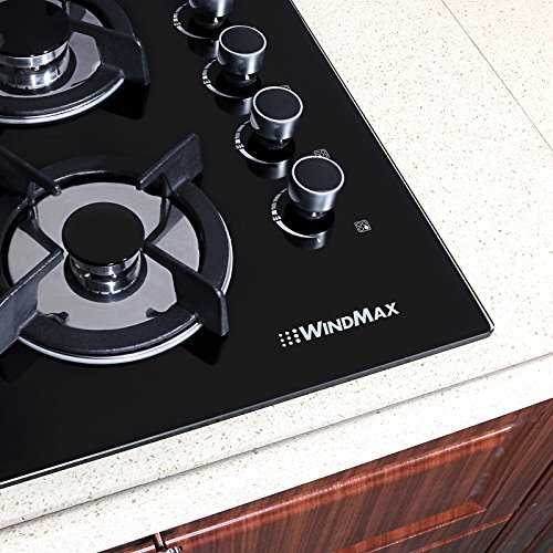 Windmax US Seller 24" 3.3KW Kitchen Glass Built-in 4 Burners Gas Hob Cooktop Cookware