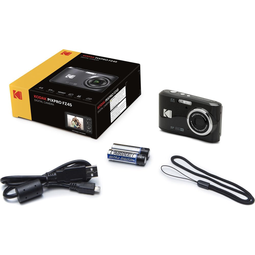 KODAK PIXPRO FZ45 Digital Camera (Black) Bundle with 32GB Class 10 UHS-I U1 SDHC Memory Card and AA High-Performance Alkaline Batteries (4-Pack) (3 Items)