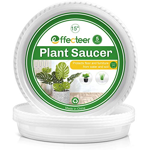EFFECTEER Plant Saucer, 5 Pack, 15 inch, Round Plant Trays for Indoors, Clear Plastic Plant Pot Saucers, Durable Flower Pots with 5 Plant Labels (15” – 5 Pack)