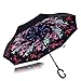 Double Layer Wind Proof,UV Proof Reverse Folding Inverted Umbrella Travel Umbrella with C Shape Handle and Carrying Bag-Beauty-Flower