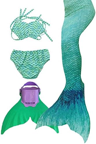 Mermaid Tail Swimwear Girls 4pcs Set Sparkle Mermaid Bikini Swimsuit Includes Monofin (8=120cm, water green)