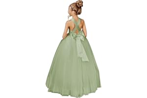 JISISANG Crossed Straps Flower Girl Dress Satin Long Prom Dress with Bow Puffy Tulle Pageant Dresses for Girls