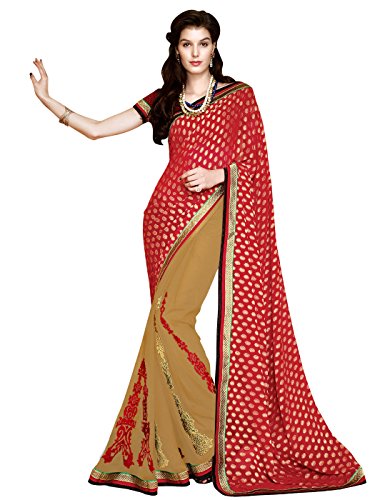 Shonaya Women's Beige Faux Georgette Half & Half Saree With Unstitched Blouse Piece