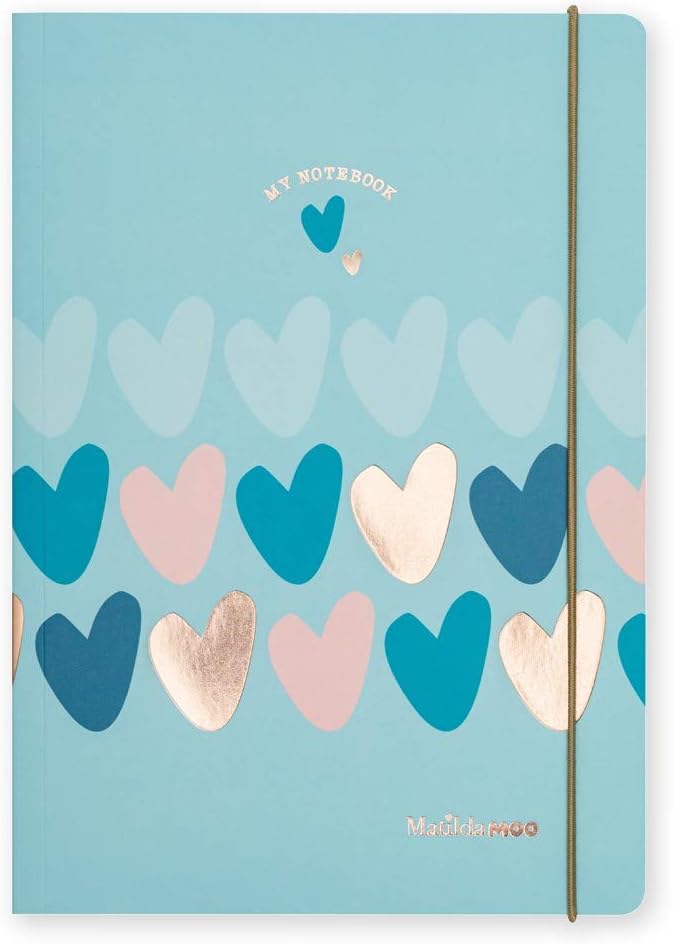 Matilda Moo Notebook - A5 Lined - Hearts - Blue & Rose Gold, Blue Hearts