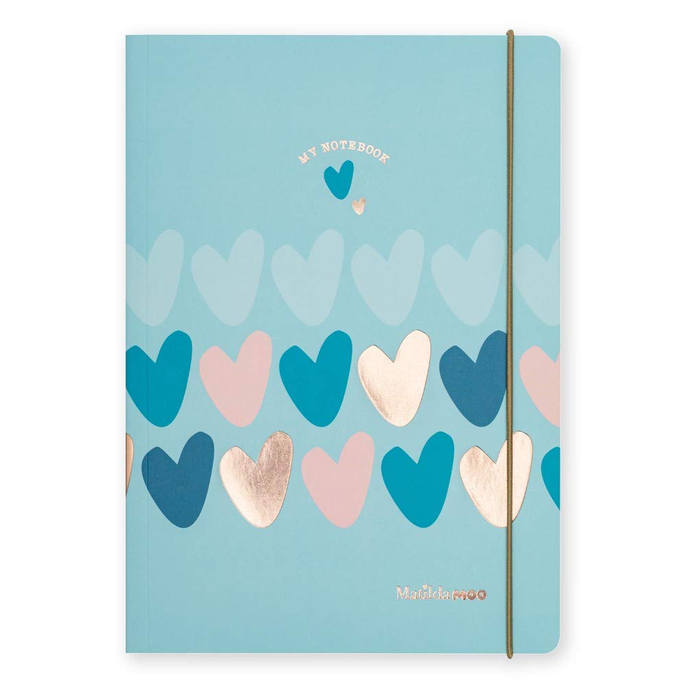 Matilda Moo Notebook - A5 Lined - Hearts - Blue & Rose Gold