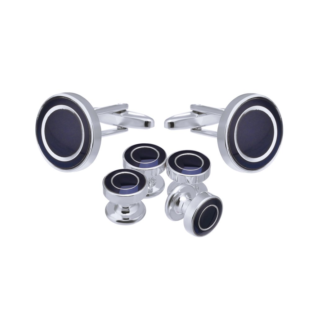 Salutto Men's Cufflinks and Studs Set for Formal French Shirt With Gift Box (NavySliver)