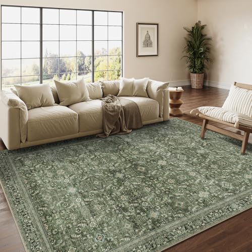 HUGEAR Vintage Grün Waschbarer Teppich Wohnzimmer 140x200cm Retro Rugs for Living Room Weich rutschfest Groß Tepich Kurzflor Schlafzimmer Carpet Livin