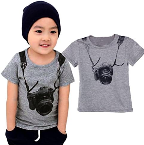 Dinlong 1-6 Year Baby Boy Summer Short Sleeve Camera Print Tops T Shirt Clothes