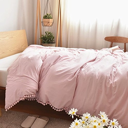 Meaning4 Pom poms Fringe Cotton Duvet Cover Pink Twin Size 68 x 90inches - Thumbnail 6