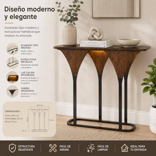 Uzelia Mesa de Consola con Luz LED 84.2x30x75 cm, Mesa Recibidor de Entrada, Mesa de Pasillo Estrecha, Mesa Auxiliar Decorativa de Madera y Metal para Sala y Espacios Reducidos, Marrón