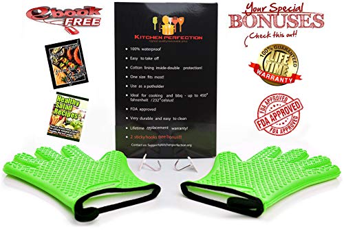 No.1 Set of Silicone Smoker Oven Gloves - Extreme Heat Resistant Washable Mitts for Safe Cooking Baking & Frying at The Kitchen,BBQ Pit & Grill. Superior Value Set + 3 Bonuses (Green)
