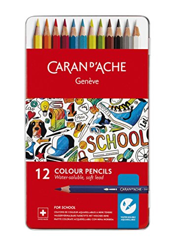 Caran d'Ache School Line 12 Water-soluble Color Pencils in Tin Case