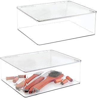 mDesign Plastic Kitchen Pantry and Fridge Storage Organizer Box Containers with Hinged Lid for Shelves or Cabinets, Holds BBQ Tools, Seasoning, Condiments, Utensils, Ligne Collection, 2 Pack, Clear