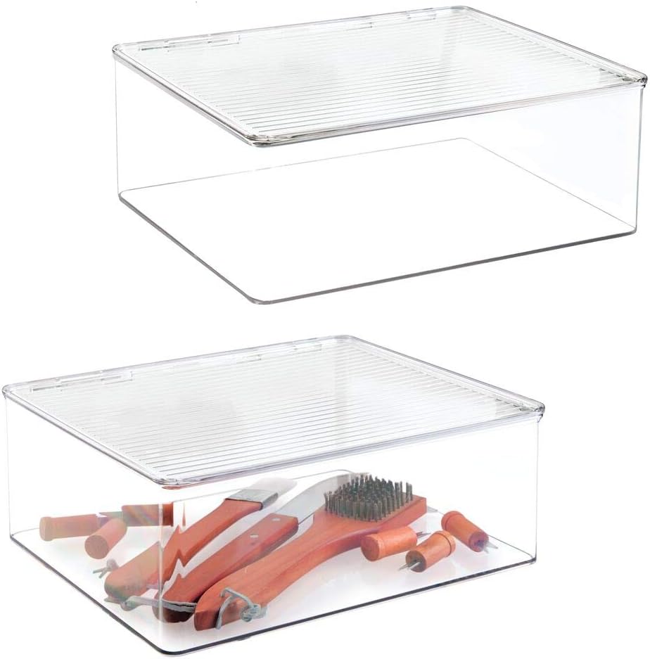 mDesign Plastic Kitchen Pantry and Fridge Storage Organizer Box Containers with Hinged Lid for Shelves or Cabinets, Holds BBQ Tools, Seasoning, Condiments, Utensils, Ligne Collection, 2 Pack, Clear