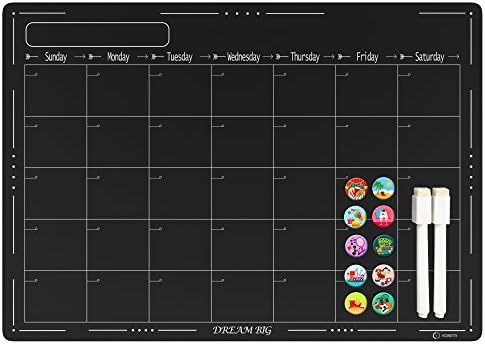 Magnetic Dry Erase Chalkboard for Refrigerator 17" X 12" Flexible Black Board Planner Organizer Monthly Calendar Set Bonus 10 Icon Magnets and 2 Markers by VONETTI