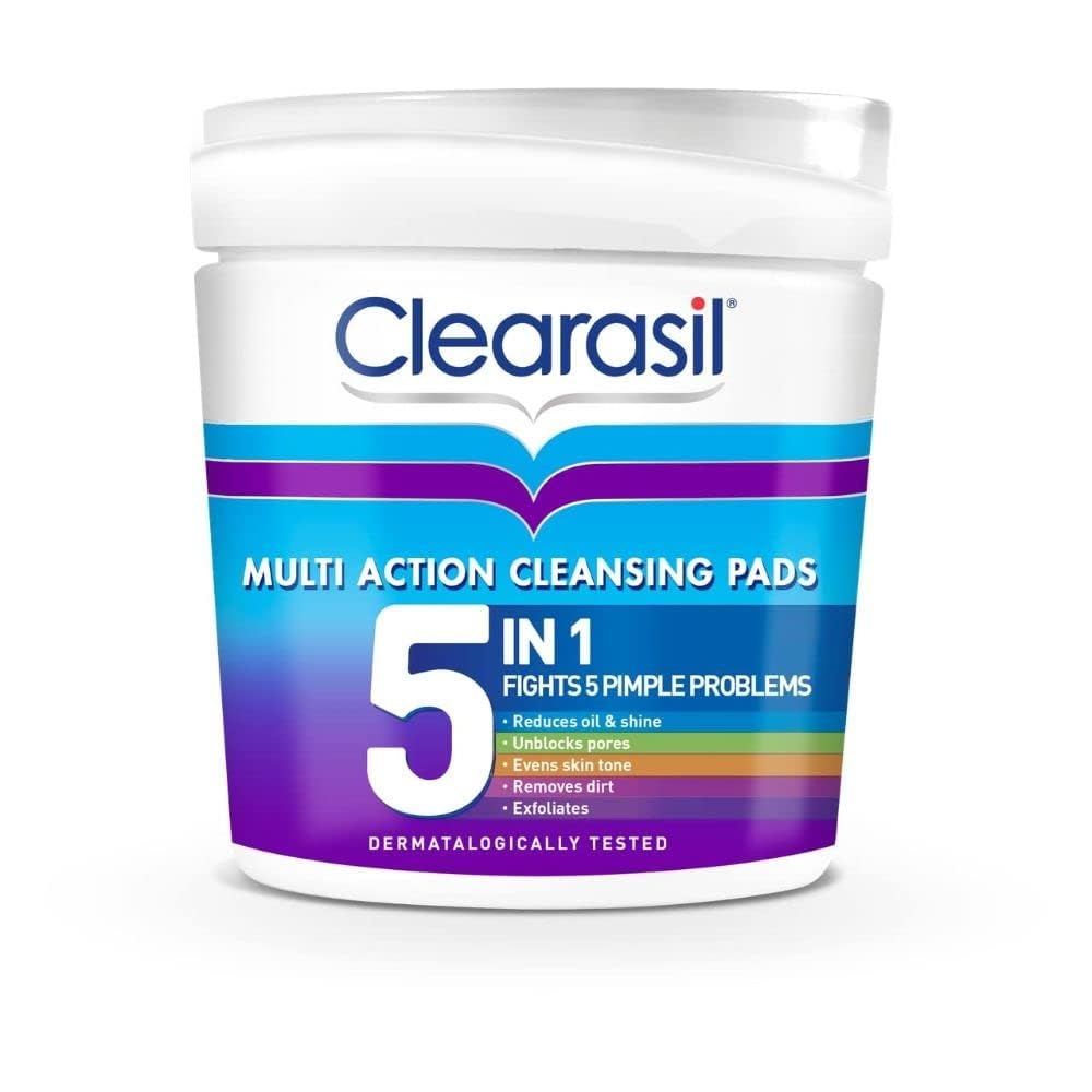 Clearasil 5-in-1 Ultra Cleansing Salicylic Acid Pads, Face Exfoliating for Acne Prone Skin, Unblock Pores, Reduces Blackheads, Pimples & Excess Oil, Everyday Spot Prevention, Pack of 65