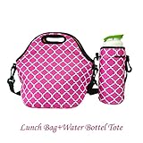 Amerzam Neoprene Lunch Bags/Lunch Boxes, Waterproof Outdoor Travel Picnic Lunch Box Bag Tote with Zipper and Adjustable Crossbody Strap (Rose Red Lunch Bag+Water Bottle Tote)