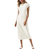 Real Essentials 3 Pack: Women's Ribbed Jersey Crew Neck Short Sleeve Midi Length Dress with Side Slit at Amazon Women's Clothing store Real Essentials 3 Pack: Women's Ribbed Jersey Crew Neck Short Sleeve Midi Length Dress with Side Slit at Amazon Women's Clothing store