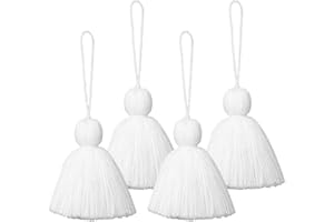 NINGYOHI Big Size 4 PCS Tassels for Crafts, Handmade Hanging Tassels for Pillow Decor, Blanket Decoration Tassels, with Hanging Rope for Tassel Garland (8cm/3.15 inch) (White - 4 PCS)