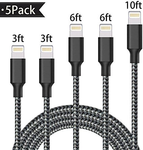 Lightning Cable,Charger Cables 5Pack 2x3FT 2x6FT 10FT to USB Syncing and Charging Cable Data Nylon Braided Cord Charger for iPhone X/8Plus/8/7/7Plus/6/6Plus/6s/6s Plus/5/5s/5c and more-Balckwhite