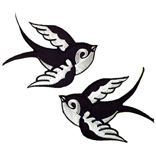 2X Sparrows Bird Black Tatoo Rockabilly Applique Embroidered Iron On Patch #F (729587571382)