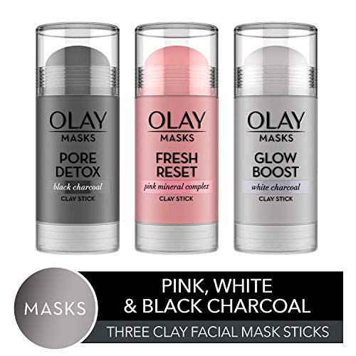 Face Masks by Olay, Clay Facial Mask Stick With Pink Mineral Complex, Fresh Reset, Glow Boost White Charcoal and Pore Detox Black Charcoal, 1.7 Oz