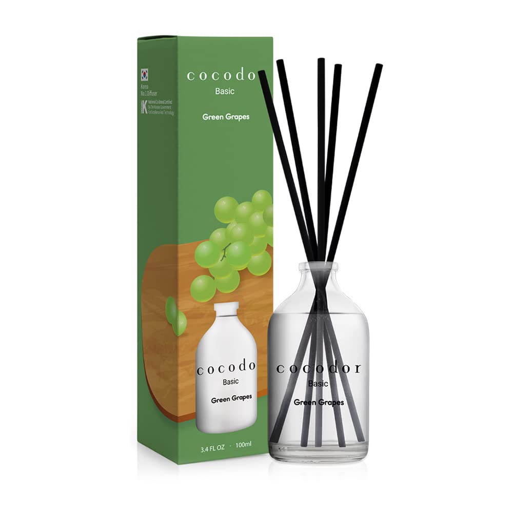 [COCODOR/Green Grape] Basic Reed diffusers Oil with a Set of 5 Fiber Sticks, 100ml, Best for Home, Kitchen, Bathroom. Diffusers with sticks.