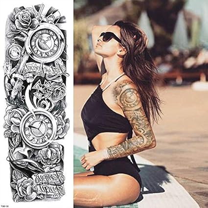 4 Sheets Waterproof Temporary Tattoos Stickers Fake Tattoos Flower Vine Clock Beauty Beast Fashion Body Art Sticker For Adult Men Women Boys Girls Removable Safe For All Skin Black Arms Sleeve Tattoos Amazon Co Uk Beauty