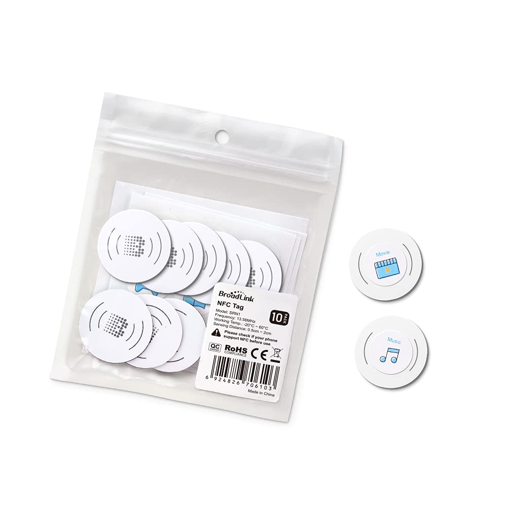 BroadLink Smart NFC Tag NTAG215 PVC Blank White Tags Compatible with Amiibo TagMo and NFC-Enabled Mobile Phones and Devices, 10-Pack