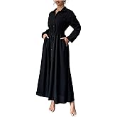 Milumia Women's Long Sleeve Button Down Collared Shirt Dress Cinched Waist A Line Flowy Maxi Dress with Pockets