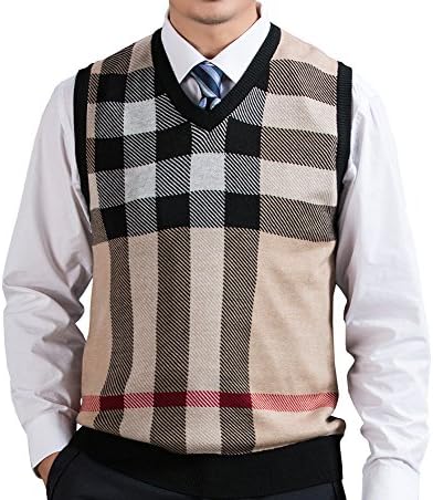 WEILAI Men's Winter Wool Grid Pattern Soft Sleeveless V-Neck Business Casual Knitwear Knitted Sweater Vest (L, Khaki)