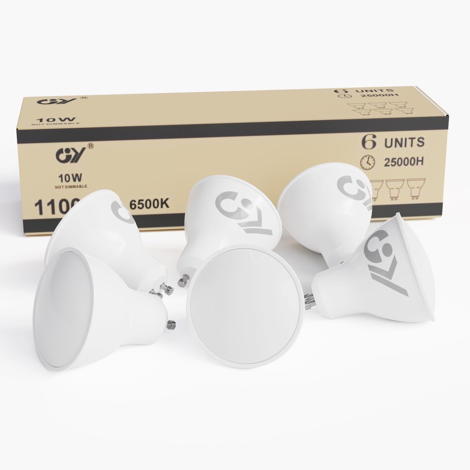GY GU10 LED Bulbs Cool White 6500K 10W 1100lm, Energy Saving High Lumen Light Bulbs Equivalent to 100W,120° Wide Beam Non-dimmable, Pack of 6