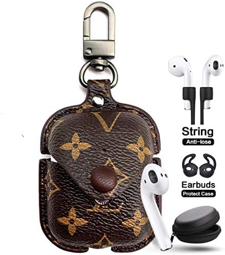 JANSAE Designer Leather Case for Airpods with Keychain, Luxury Classic Protect Case Kits Accessories Compatible with Airpod Charging Case Cover 1st / 2nd (Brown Flower)