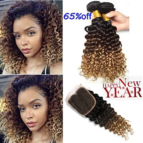Three Tone 1B/4/27 Brown Blonde Ombre Hair Deep curly Weave With Free part Top Closure Brazilian Virgin Hair 3Bundles Deep Wave with 4x4 Lace Closure (10 12 14+10, Ombre Color 1b/4/27)