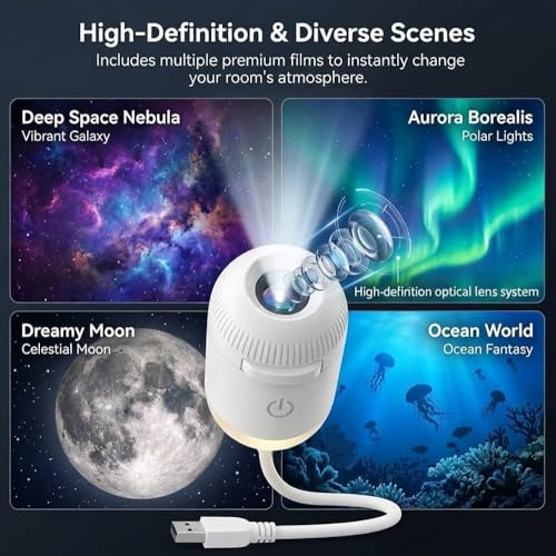 Galaxy Star Projector, 2-in-1 Night Light with 12 Pattern Films, USB Powered, Dimmable, 360° Adjustable, for Bedroom Ceiling Decor