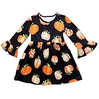 So Sydney Girls or Toddler Fall Holiday Polka Dot, Scroll, Stripe Pumpkin Dress (L (5), Pumpkin Patch Black)